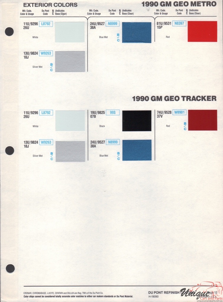 1990 GM Geo And Lemans Paint Charts DuPont 2
